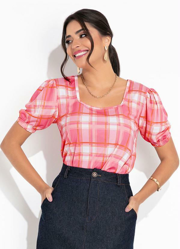 Blusa Menina Xadrez Rosa - Mangas Babados E Nó Frontal Tamanho 7-8 Anos