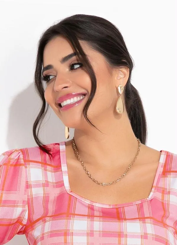 Rosalie - Blusa Xadrez Rosa Mangas Curtas 3