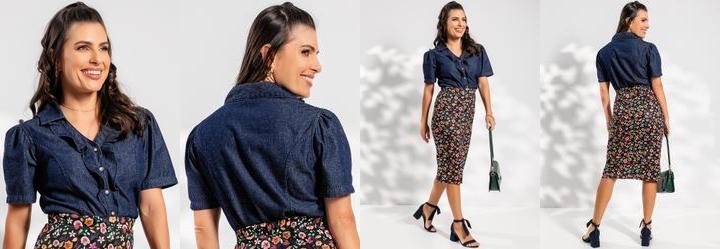 Blusa Jeans Azul Escuro em Jeans Leve