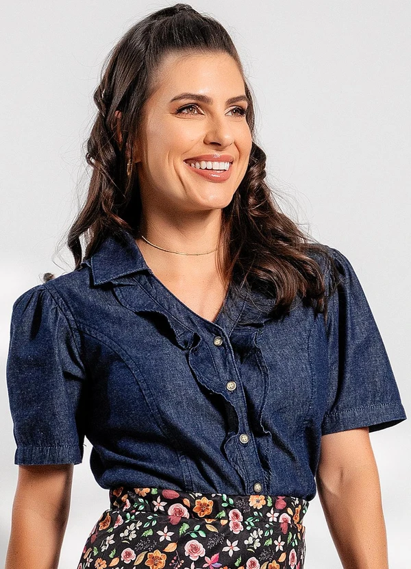 Rosalie - Blusa Jeans Azul Escuro em Jeans Leve