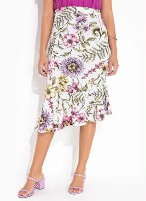 Saia Floral Branca com Babado Queima de Estoque