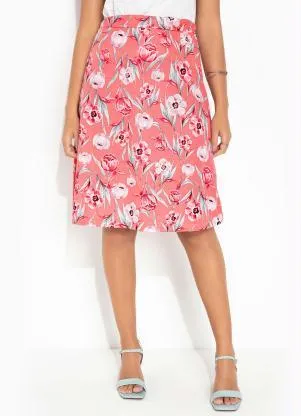Queima Estoque - Saia Floral Coral com Elástico - QUEIMA ESTOQUE