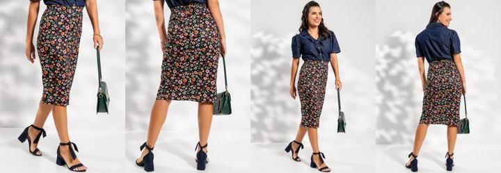 Saia Floral Escuro em Jersey Acetinado