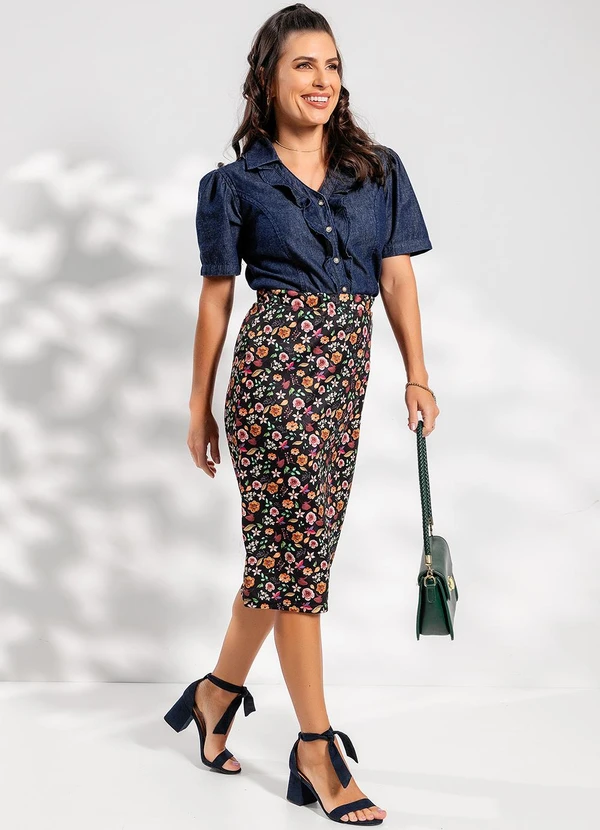 Rosalie - Saia Floral Escuro em Jersey Acetinado 3