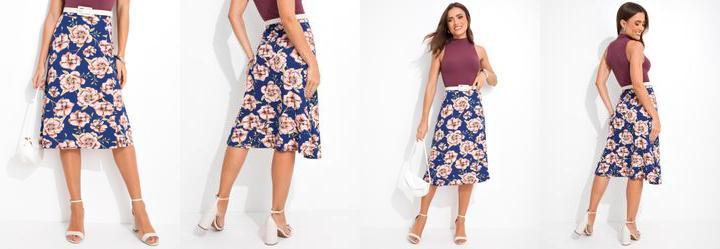 Saia Floral Fundo Marinho em Malha de Viscose