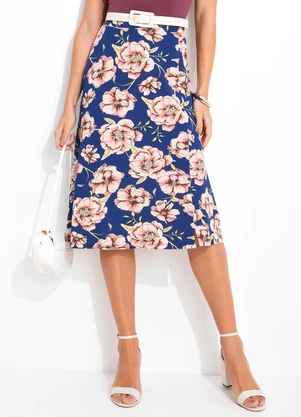Rosalie - Saia Floral Fundo Marinho em Malha de Viscose - ROSALIE