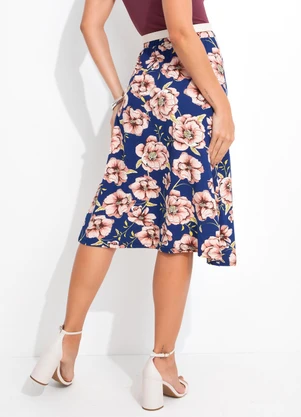 Rosalie - Saia Floral Fundo Marinho em Malha de Viscose - ROSALIE