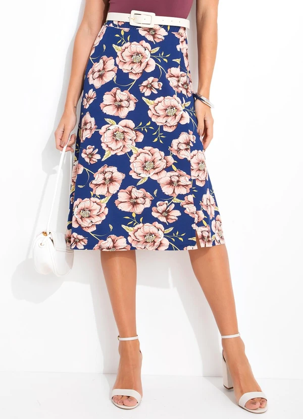 Rosalie - Saia Floral Fundo Marinho em Malha de Viscose