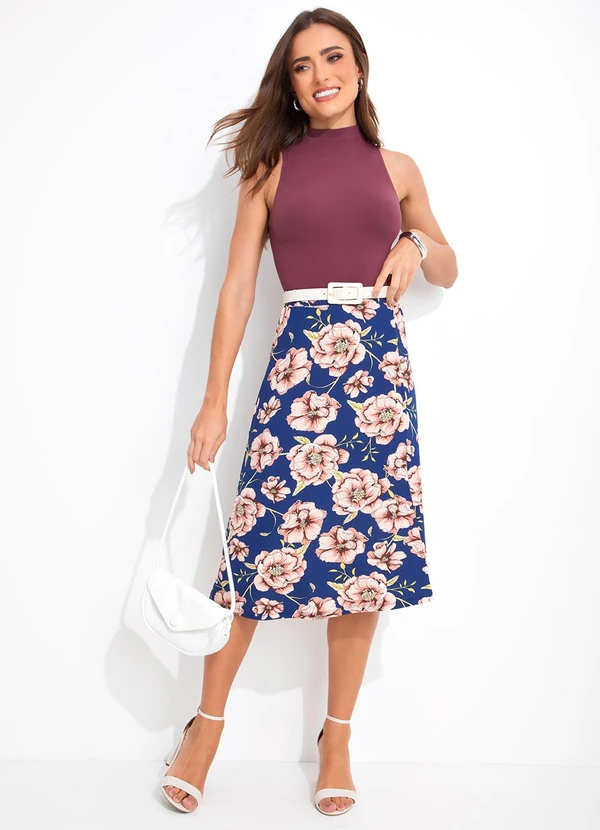 Rosalie - Saia Floral Fundo Marinho em Malha de Viscose 3