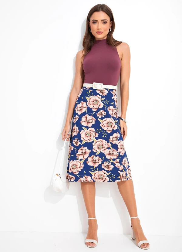 Rosalie - Saia Floral Fundo Marinho em Malha de Viscose 6