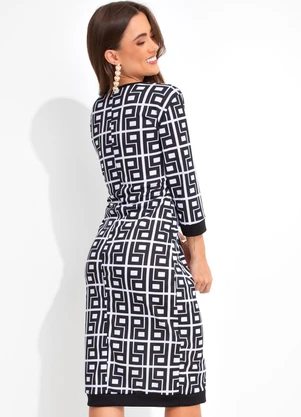 Rosalie - Vestido Abstrato Preto e Branco em Malha - ROSALIE