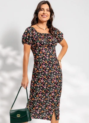 Rosalie - Vestido Floral Escuro em Jersey Acetinado - ROSALIE