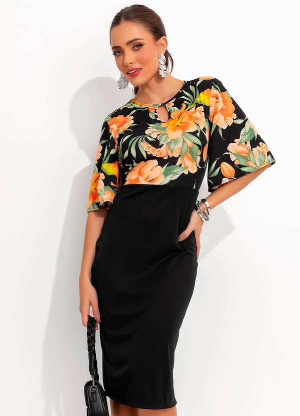 Moda Pop - Vestido Floral Escuro em Malha