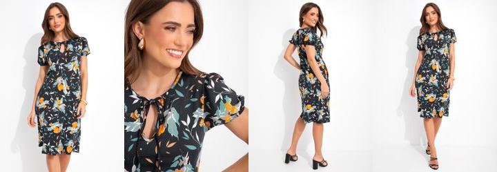 Vestido Floral Preto em Malha de Polister