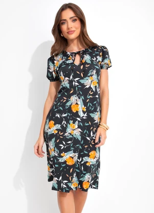 Rosalie - Vestido Floral Preto em Malha de Poliéster - ROSALIE