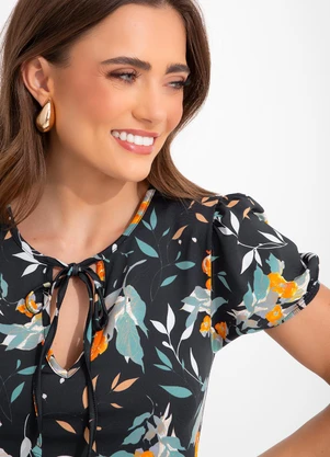 Rosalie - Vestido Floral Preto em Malha de Poliéster - ROSALIE