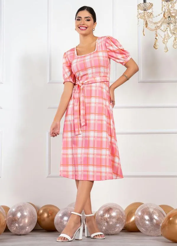 Rosalie - Vestido Xadrez Rosa Amarração 7