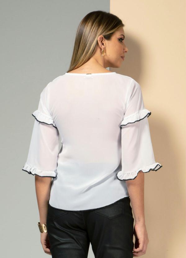 Quintess - Blusa Bata com Babados nas Mangas Branco e Preto 2