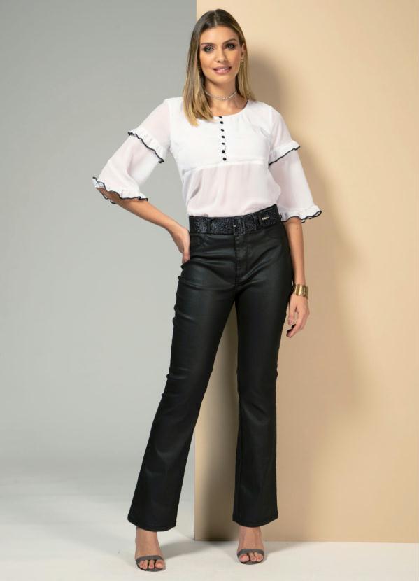 Quintess - Blusa Bata com Babados nas Mangas Branco e Preto 3