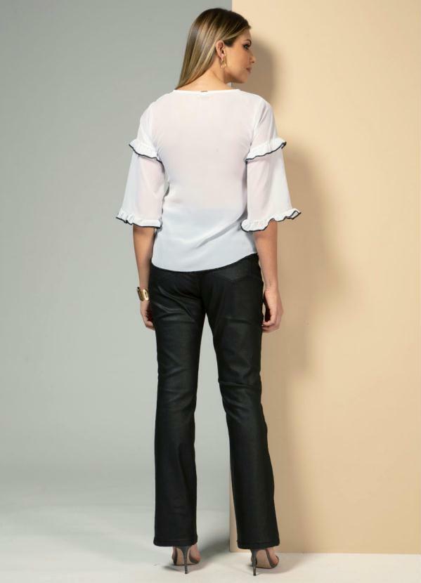 Quintess - Blusa Bata com Babados nas Mangas Branco e Preto 4