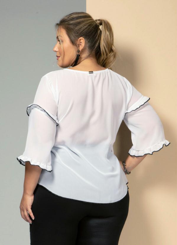 Quintess - Blusa Bata com Babados nas Mangas Branco e Preto 6