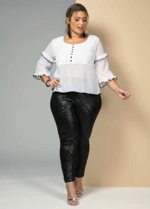 Quintess - Blusa Bata com Babados nas Mangas Branco e Preto 7