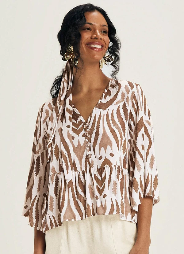 Marialícia - Blusa Feminina Ampla Estampa Digital Bege