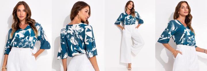 Blusa Floral Bicolor em Malha de Viscose