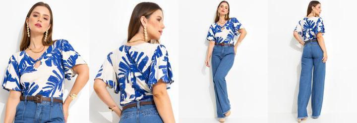 Blusa Folhagem Azul em Malha de Viscose
