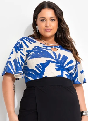 Quintess - Blusa Folhagem Azul em Malha de Viscose - QUINTESS