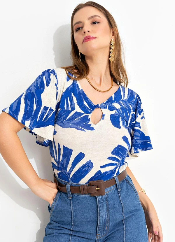 Quintess - Blusa Folhagem Azul em Malha de Viscose 6