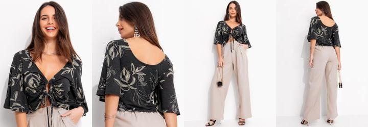 Blusa Folhagem Marinho em Malha de Viscose