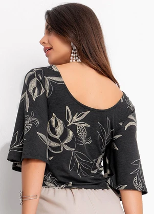 Quintess - Blusa Folhagem Marinho em Malha de Viscose - QUINTESS