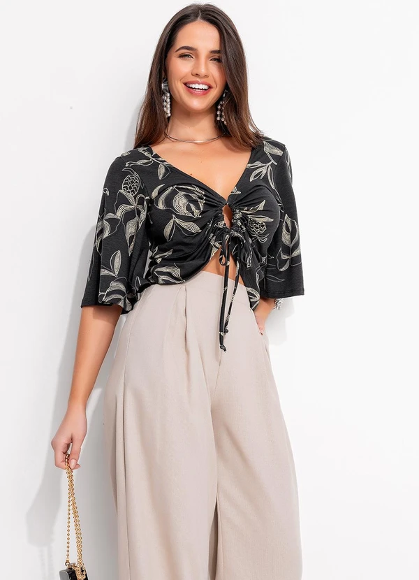 Quintess - Blusa Folhagem Marinho em Malha de Viscose 3