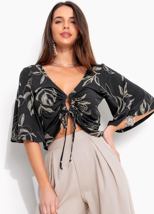 Quintess - Blusa Folhagem Marinho em Malha de Viscose 2