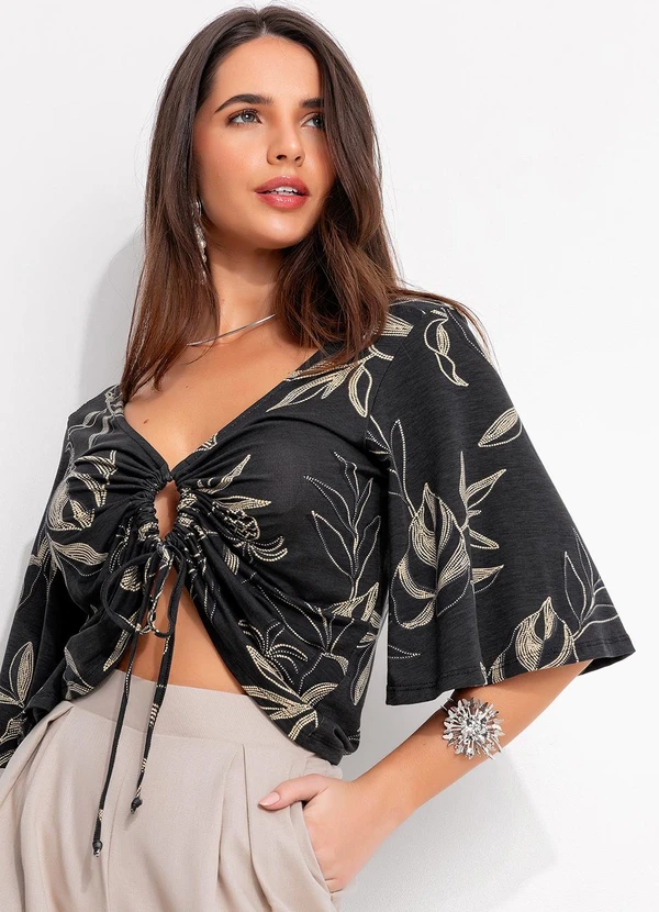 Quintess - Blusa Folhagem Marinho em Malha de Viscose