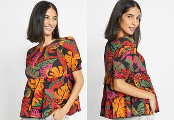 Blusa Tropical Preto em Malha Crepe