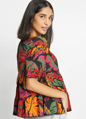 bonprix - Blusa Tropical Preto em Malha Crepe - BONPRIX