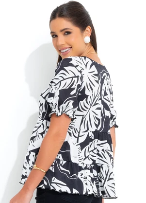 bonprix - Blusa Tropical Preto em Malha Crepe - BONPRIX