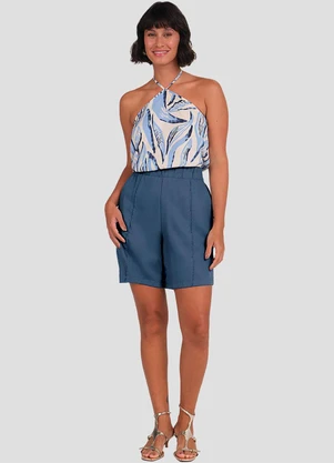 Cereja Rosa - Bermuda Feminina em Viscose Linho com Bolso Azul - CEREJA ROSA
