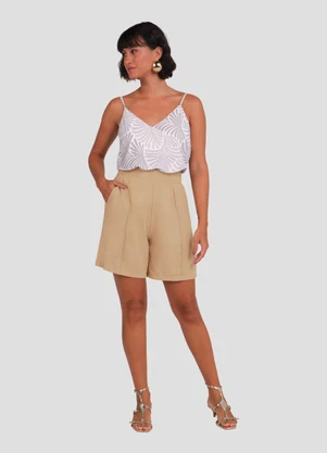 Cereja Rosa - Bermuda Feminina em Viscose Linho com Bolso Bege - CEREJA ROSA
