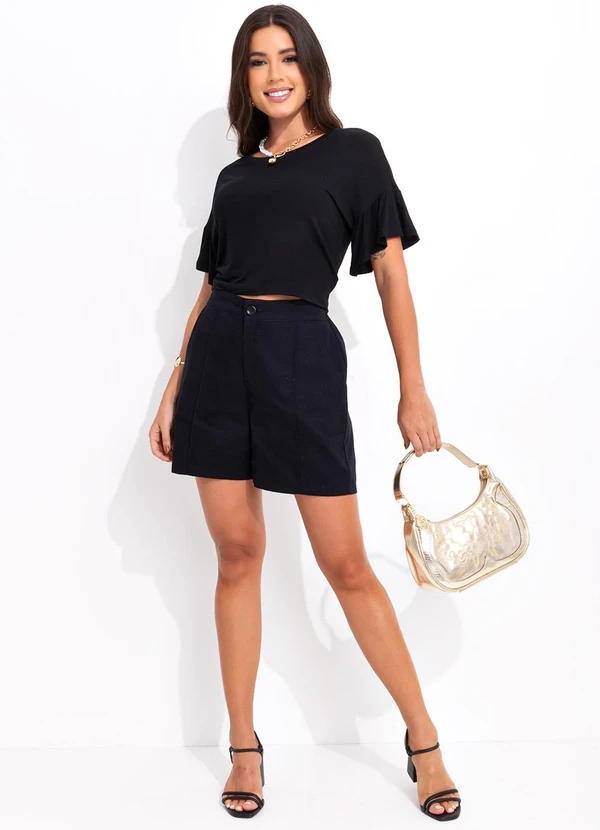 Bimini - Short Preto em Sarja com Textura de Linho 3