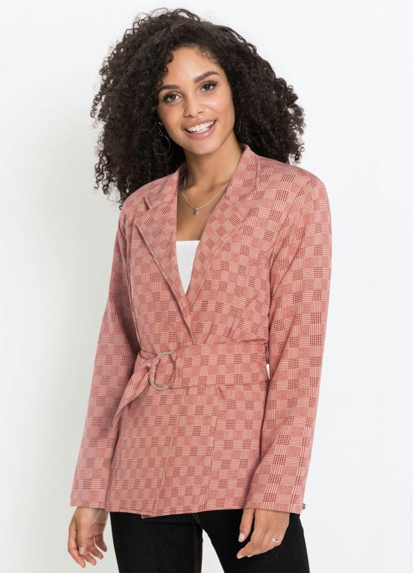 bonprix - Blazer Alfaiataria com Cinto Xadrez Vermelho