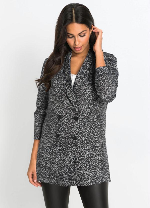 bonprix - Blazer Alongado Animal Print Onça Cinza