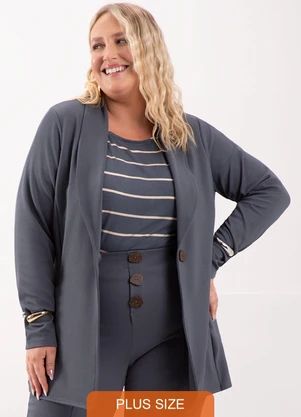 Lunender Mais Mulher - Blazer Alongado com Botão em Malha Diagonal Azul - LUNENDER MAIS MULHER