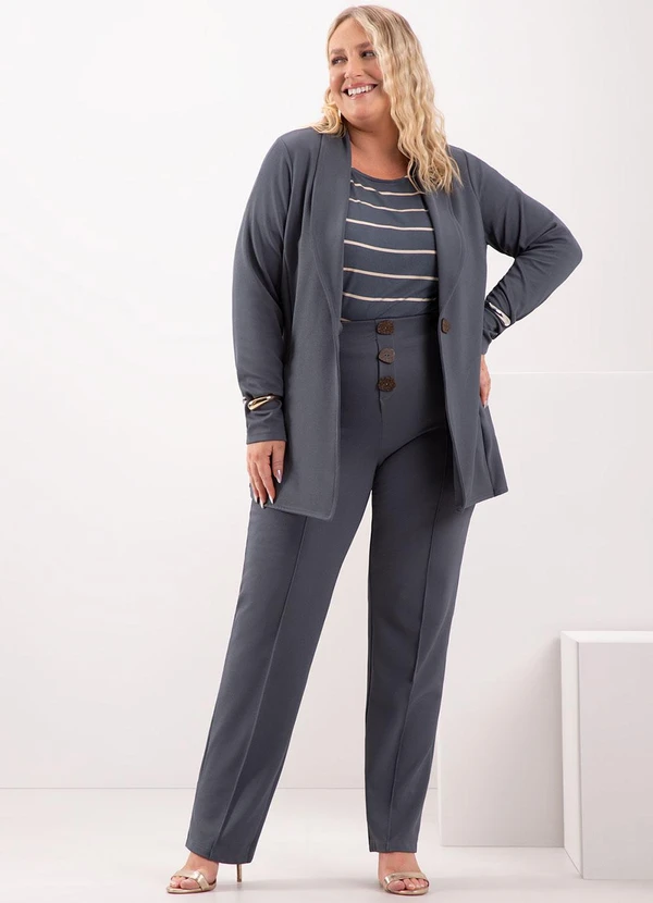 Lunender Mais Mulher - Blazer Alongado com Botão em Malha Diagonal Azul 3