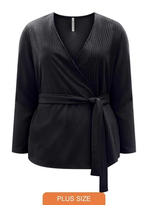 Lunender Mais Mulher - Blazer Alongado Plus Size Risca de Giz Preto - LUNENDER MAIS MULHER