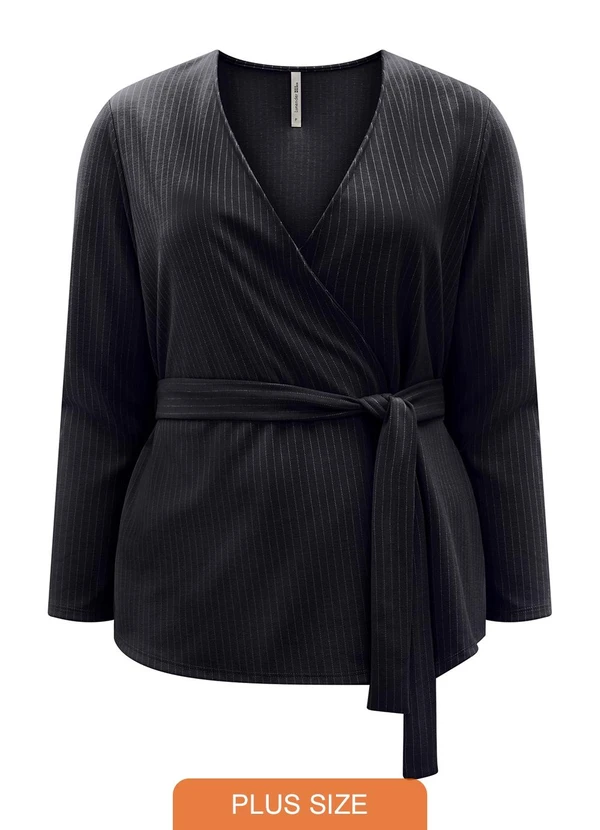 Lunender Mais Mulher - Blazer Alongado Plus Size Risca de Giz Preto
