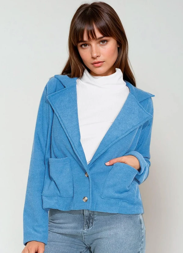 bonprix - Blazer com Botões e Bolsos Azul