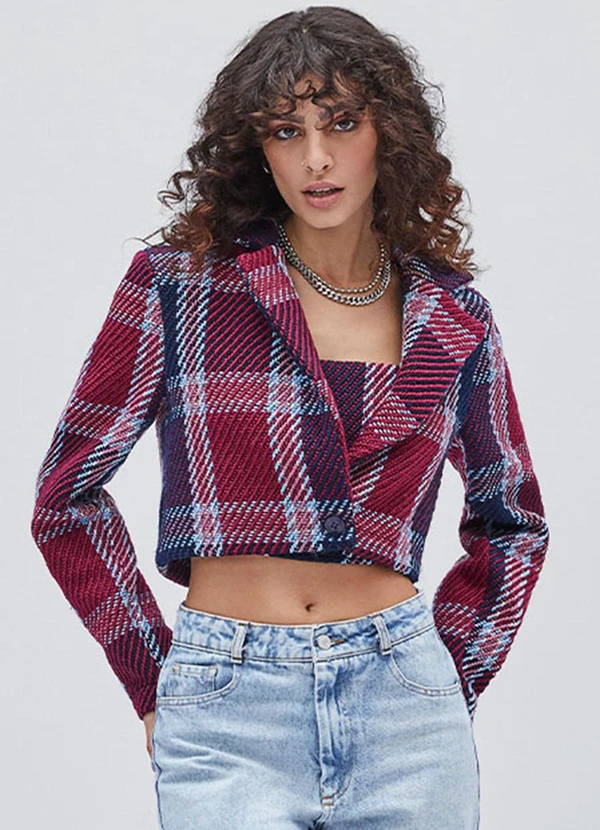 Authoria - Blazer Cropped Xadrez de Tweed Vermelho